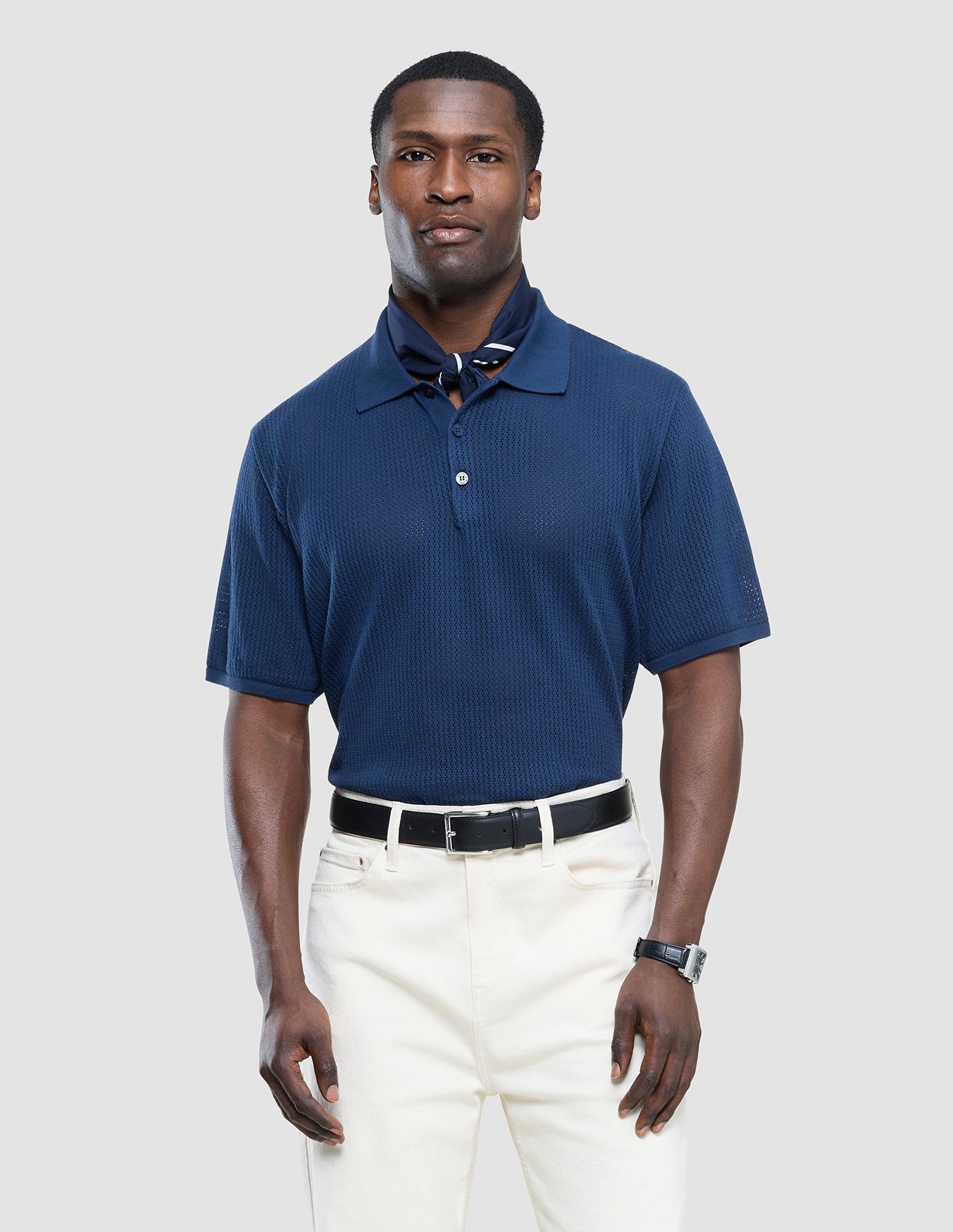 Textured Knitted Short Sleeve Polo Shirt Navy